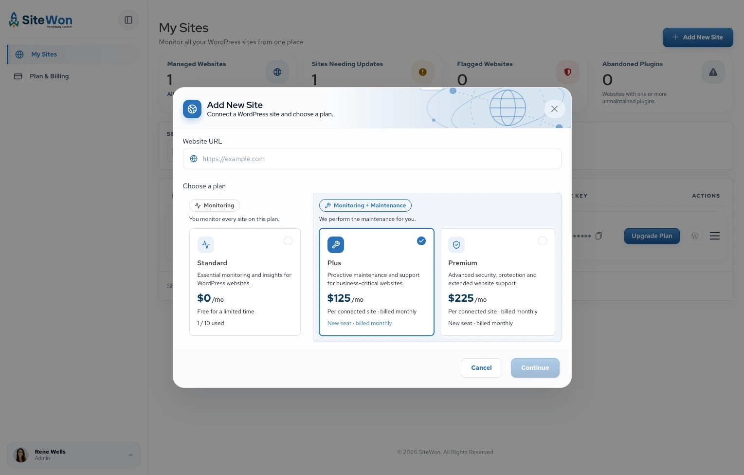 Add New Site dialog for entering a WordPress URL and choosing a plan