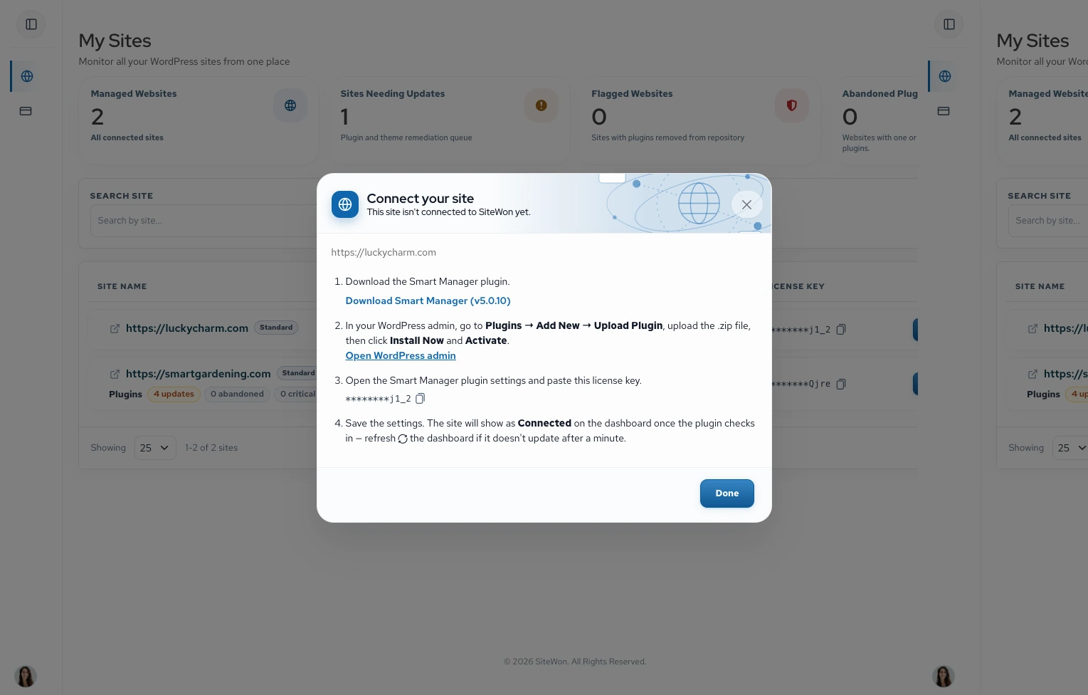 Connect your site dialog with steps to install SiteWon on an existing WordPress site