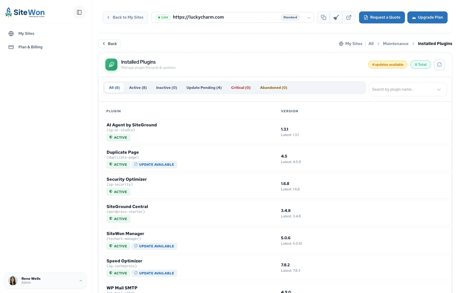 SiteWon installed plugins list with updates available