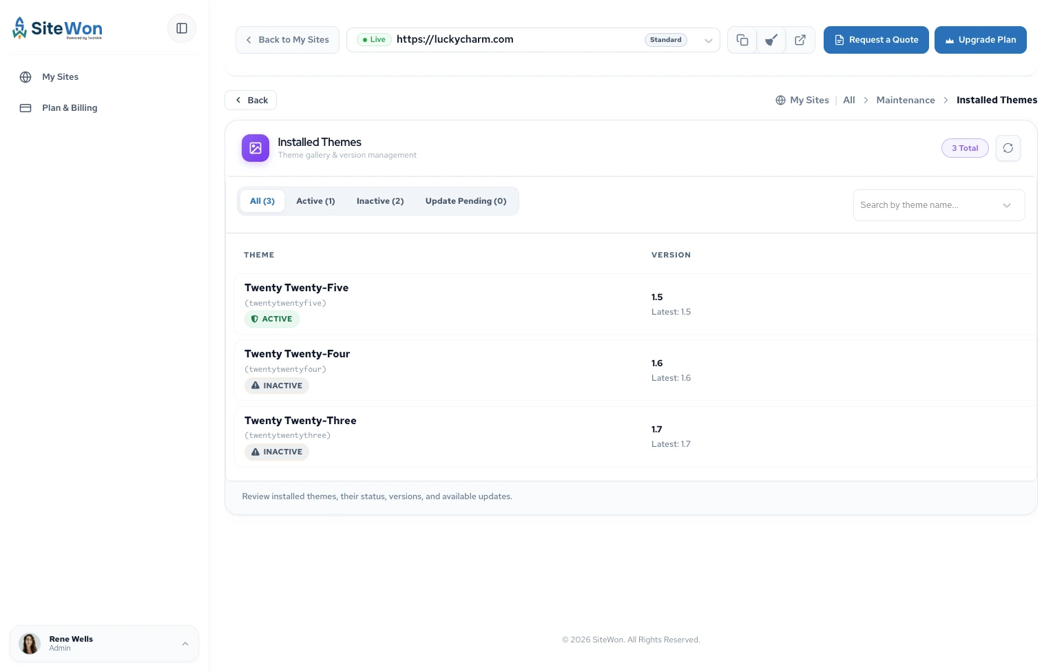 SiteWon installed themes list with Twenty Twenty-Five active