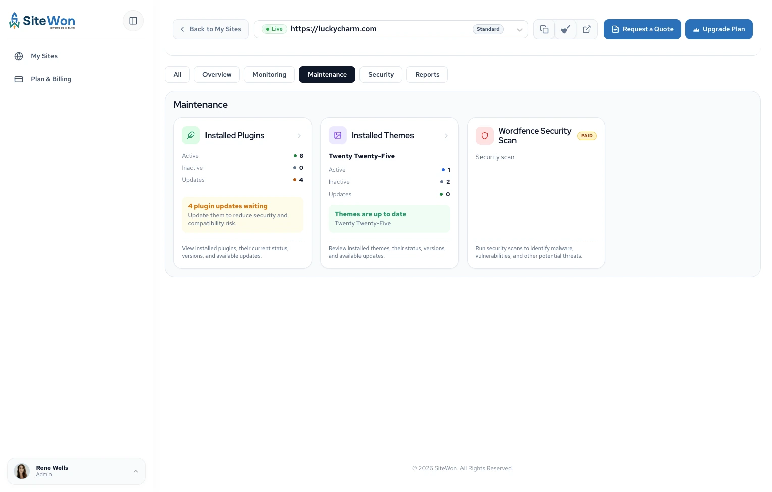 SiteWon maintenance tab with plugin updates waiting and installed themes