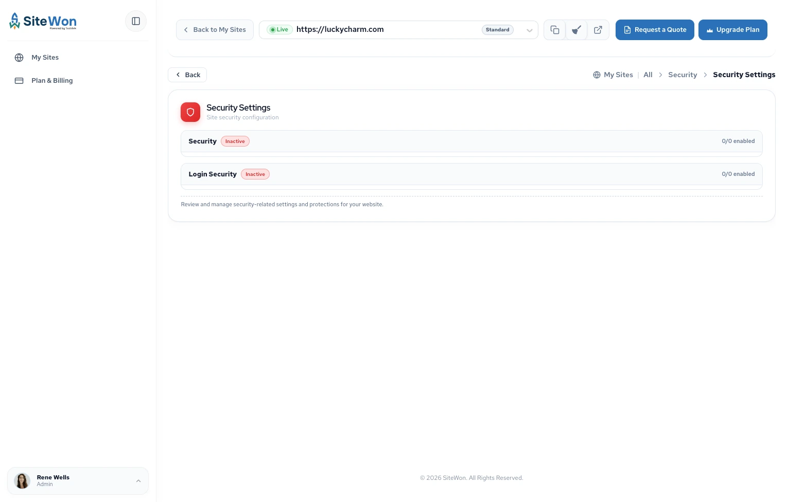 SiteWon security settings with security and login security status