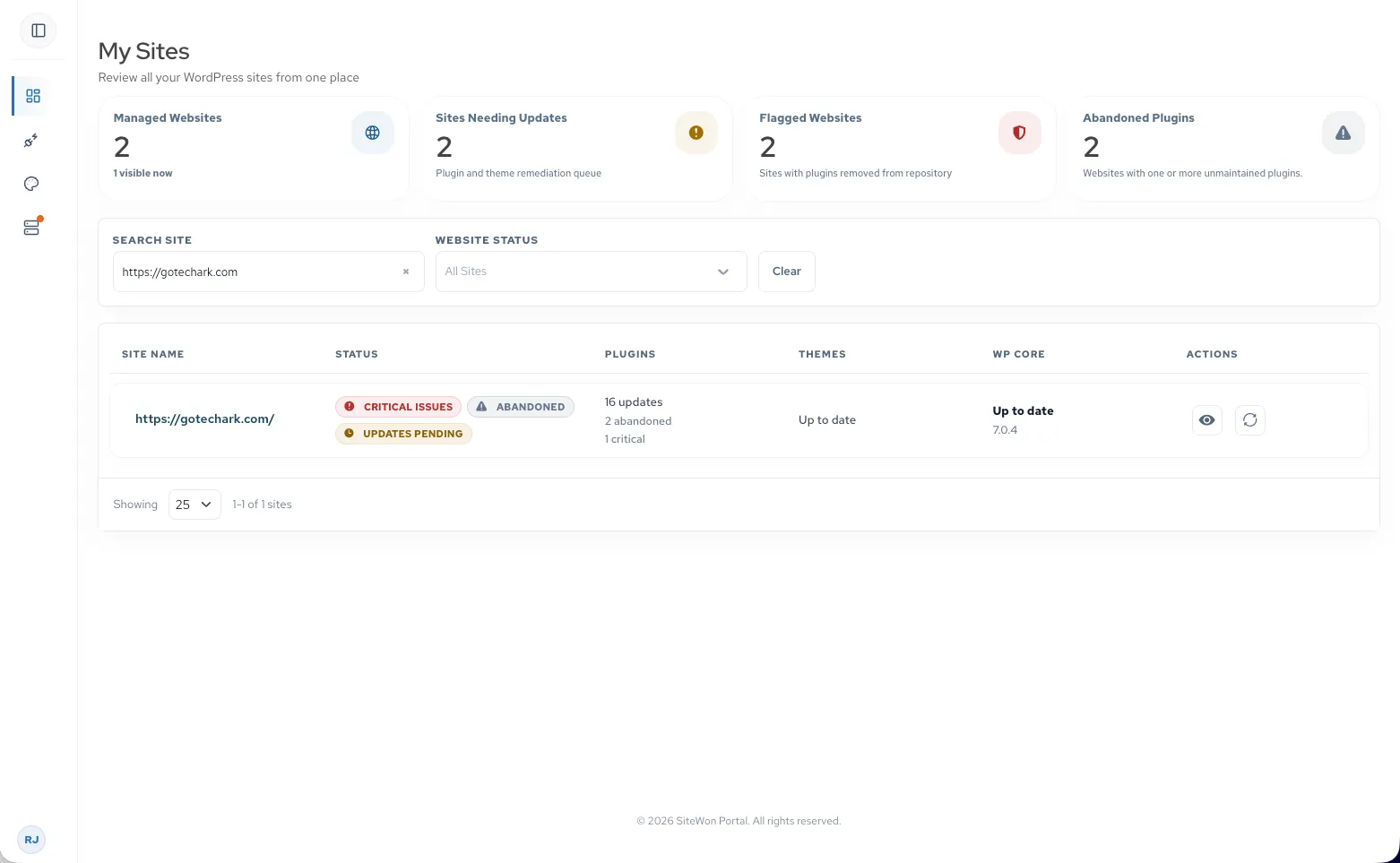 SiteWon agency dashboard screenshot preview for managing multiple client WordPress sites